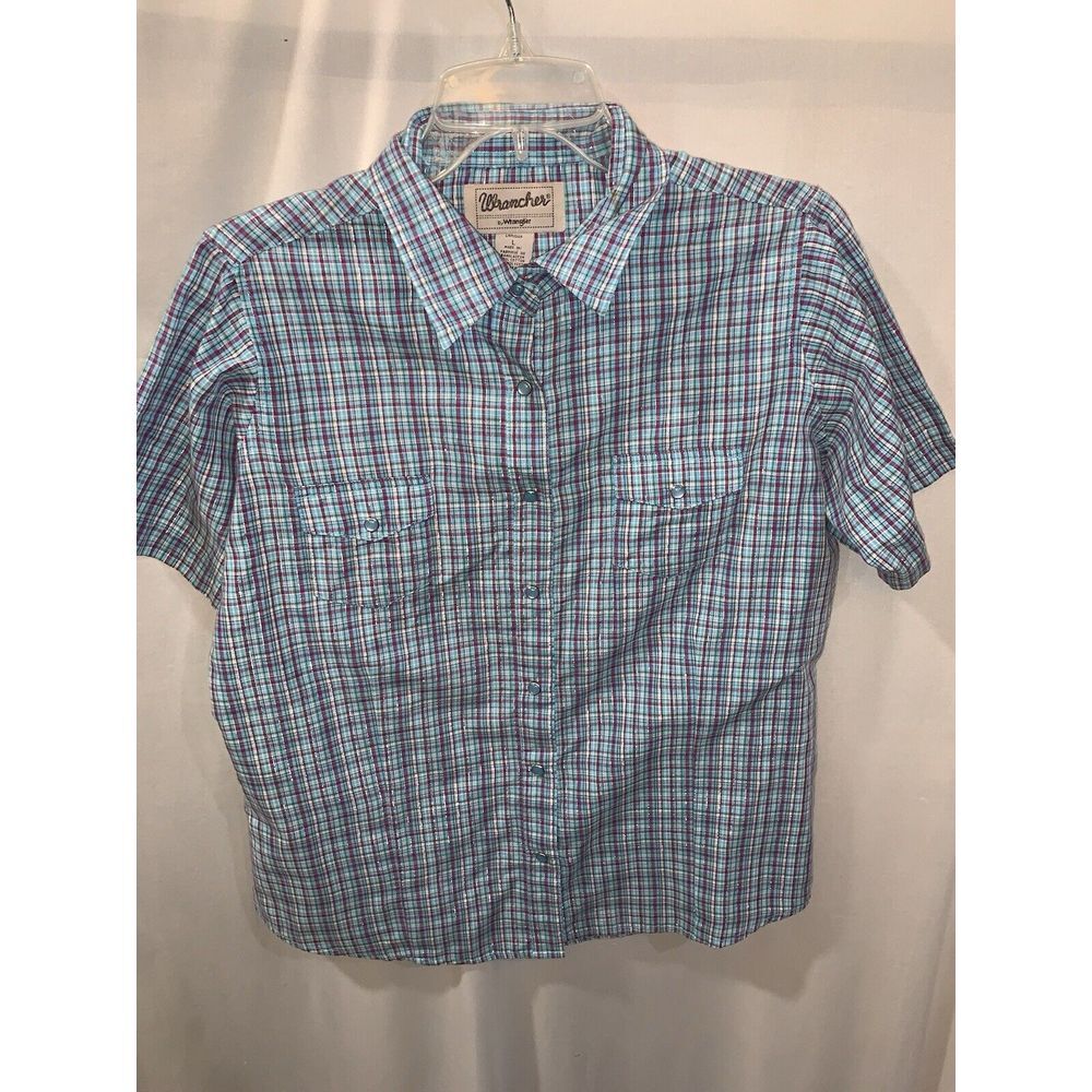 Women's L Blue Pink Sparkle plaid Wrancher Wrangler Short Sleeve Pearl Snap - Picture 15 of 16
